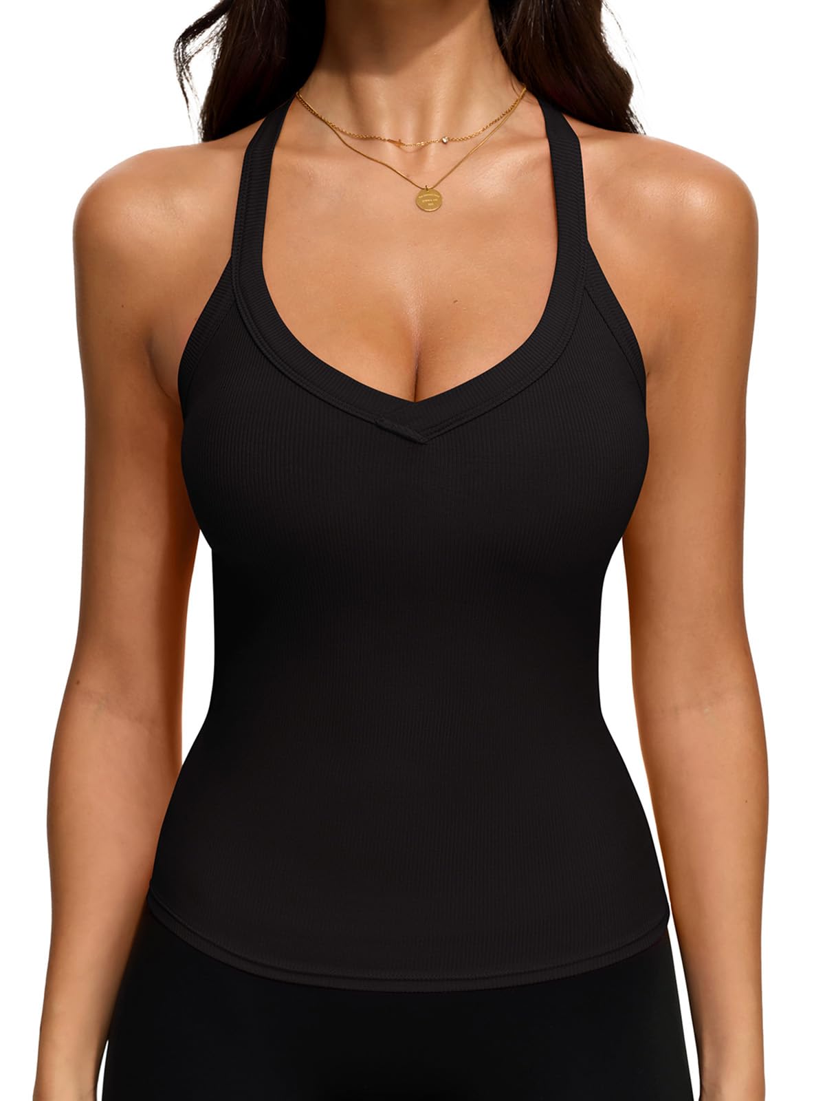 REORIA Workout Tank Tops for Women V Neck Racerback Summer Sleeveless Ribbed Gym Going Out Crop Trendy Cami Top Black Small