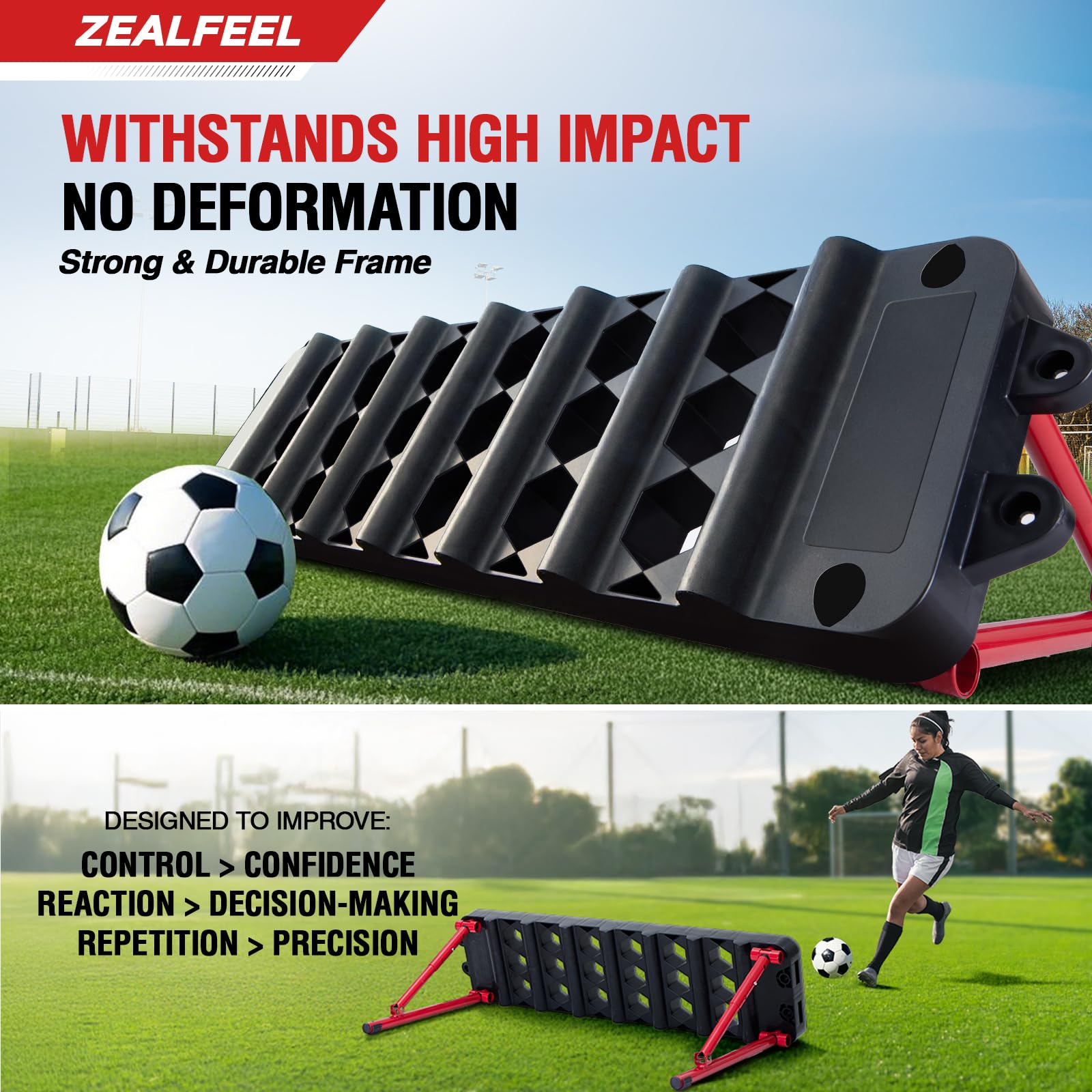 ZEALFEEL Soccer Rebounder Board, 6-in-1 Rebound Modes Portable Dual Surface Soccer Wall with 3 Adjustable Angles for Passing, Control & Reflex, Kick Back Wall Trainer Equipment for All Player Levels