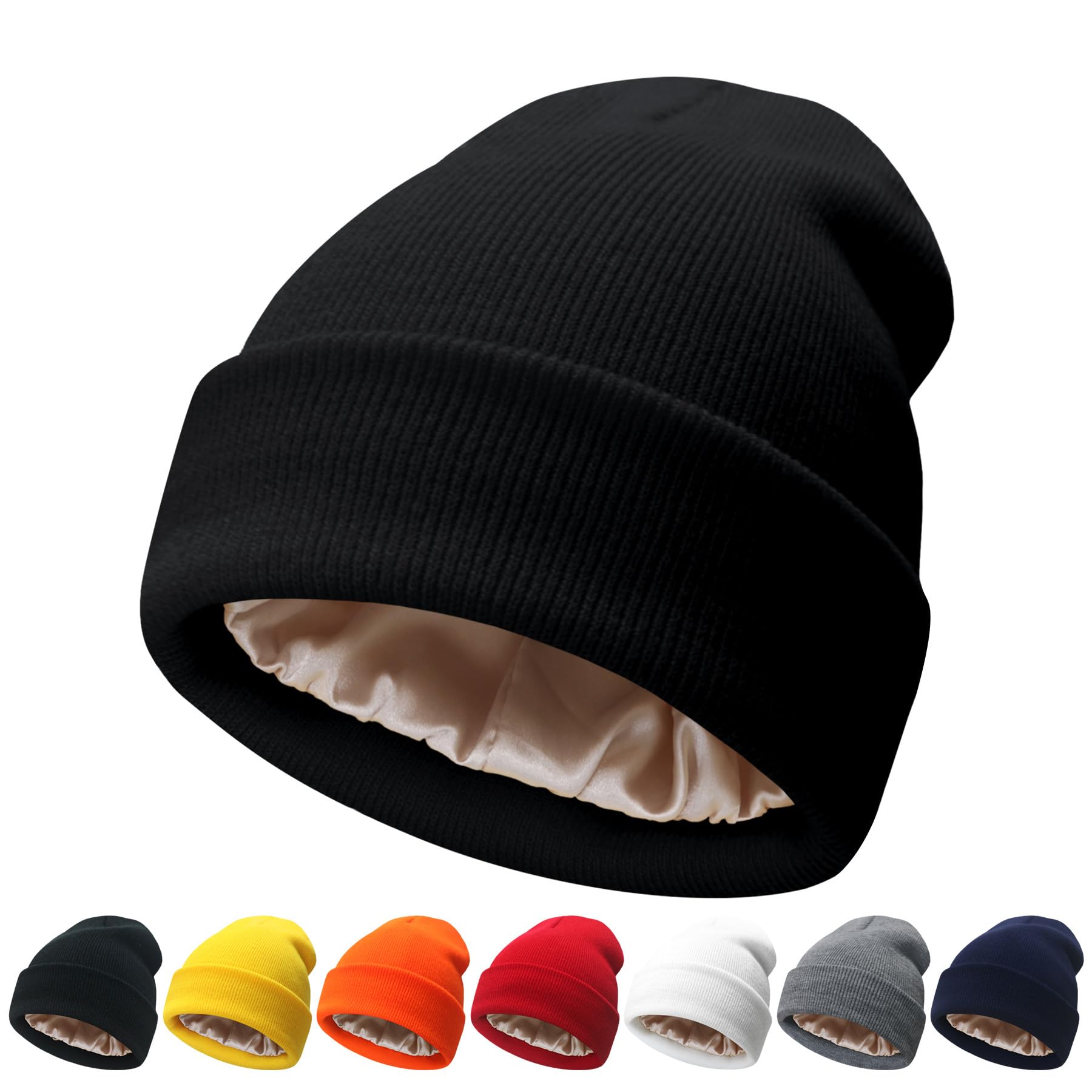 NPQQUAN Satin Lined Beanie for Women Silk Lined Beanies Winter Warm Soft Lining Cuffed Knit Beanie Hats for Women Black(Satin Lined)