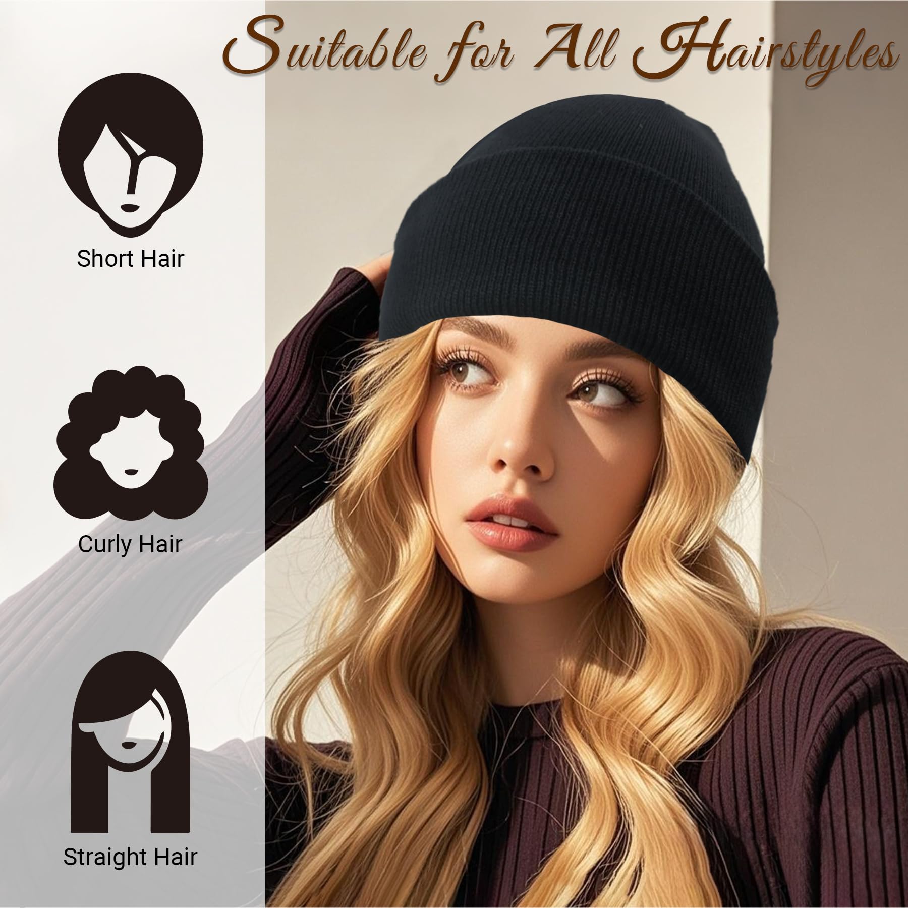 NPQQUAN Satin Lined Beanie for Women Silk Lined Beanies Winter Warm Soft Lining Cuffed Knit Beanie Hats for Women Black(Satin Lined)