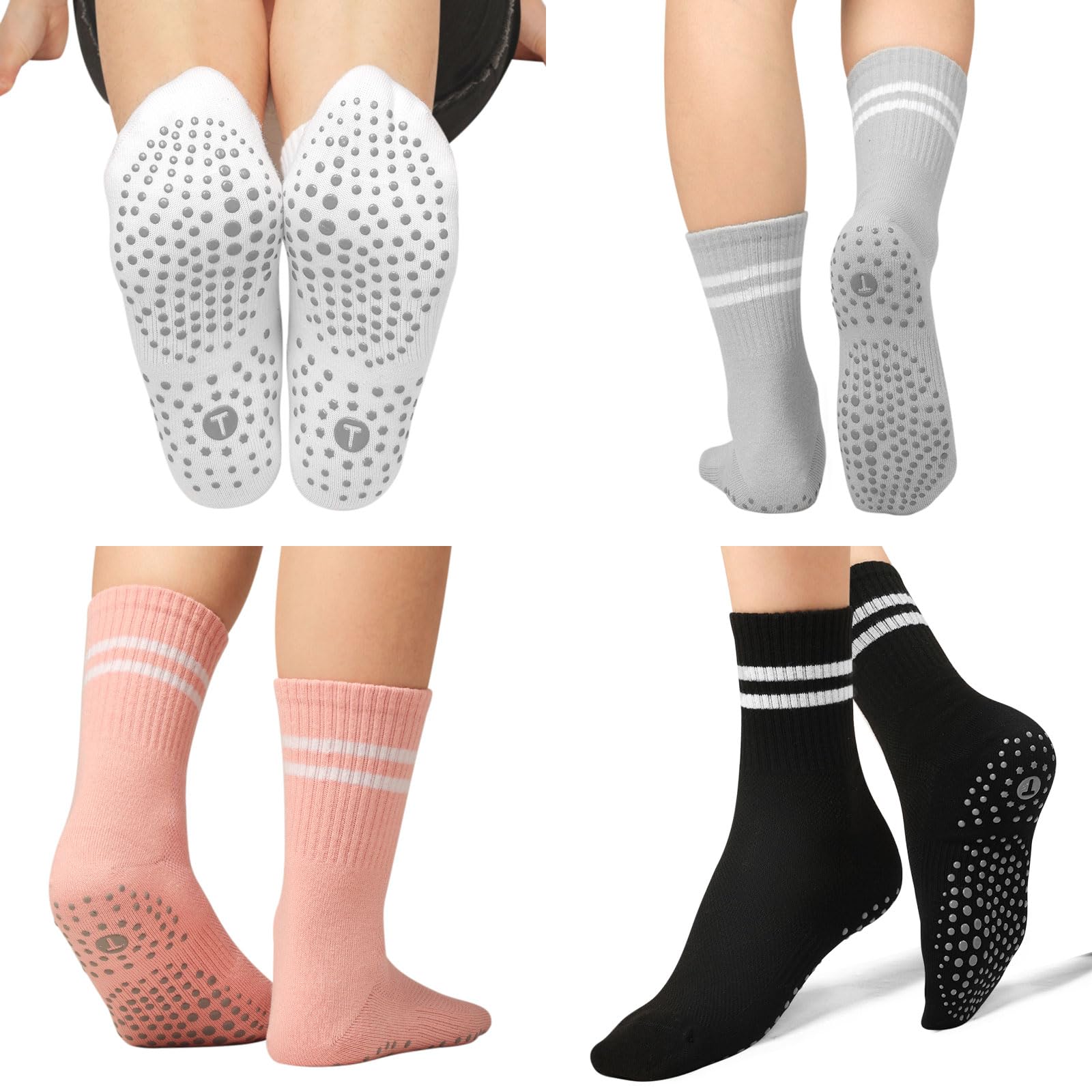 Toes Home Pilates Socks for Women with Grippers, Non Slip Yoga Crew Socks for Barre Hospital Exercise Workout Sticky Athletic Slipper Socks 4 Pairs