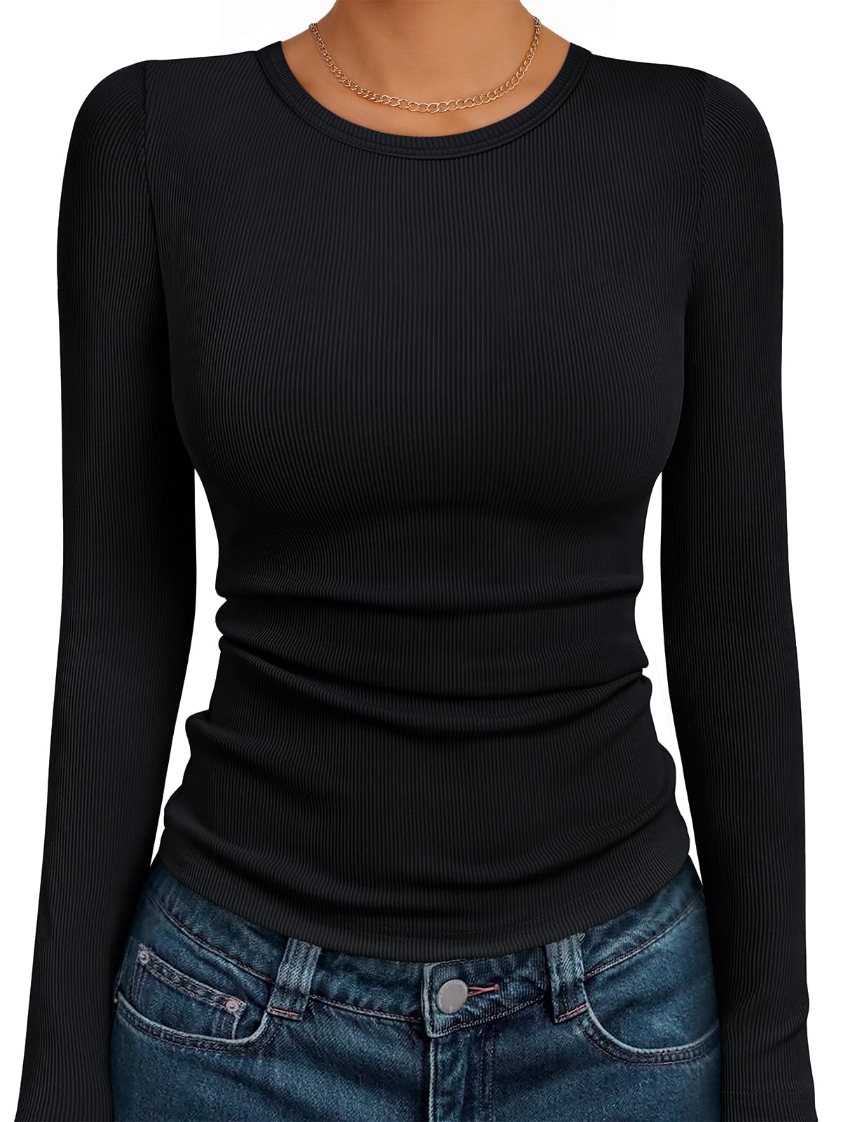 AUTOMET Women's Ribbed Long Sleeve Basic Top - Soft Stretch Crewneck Shirt for Work & Casual Black S