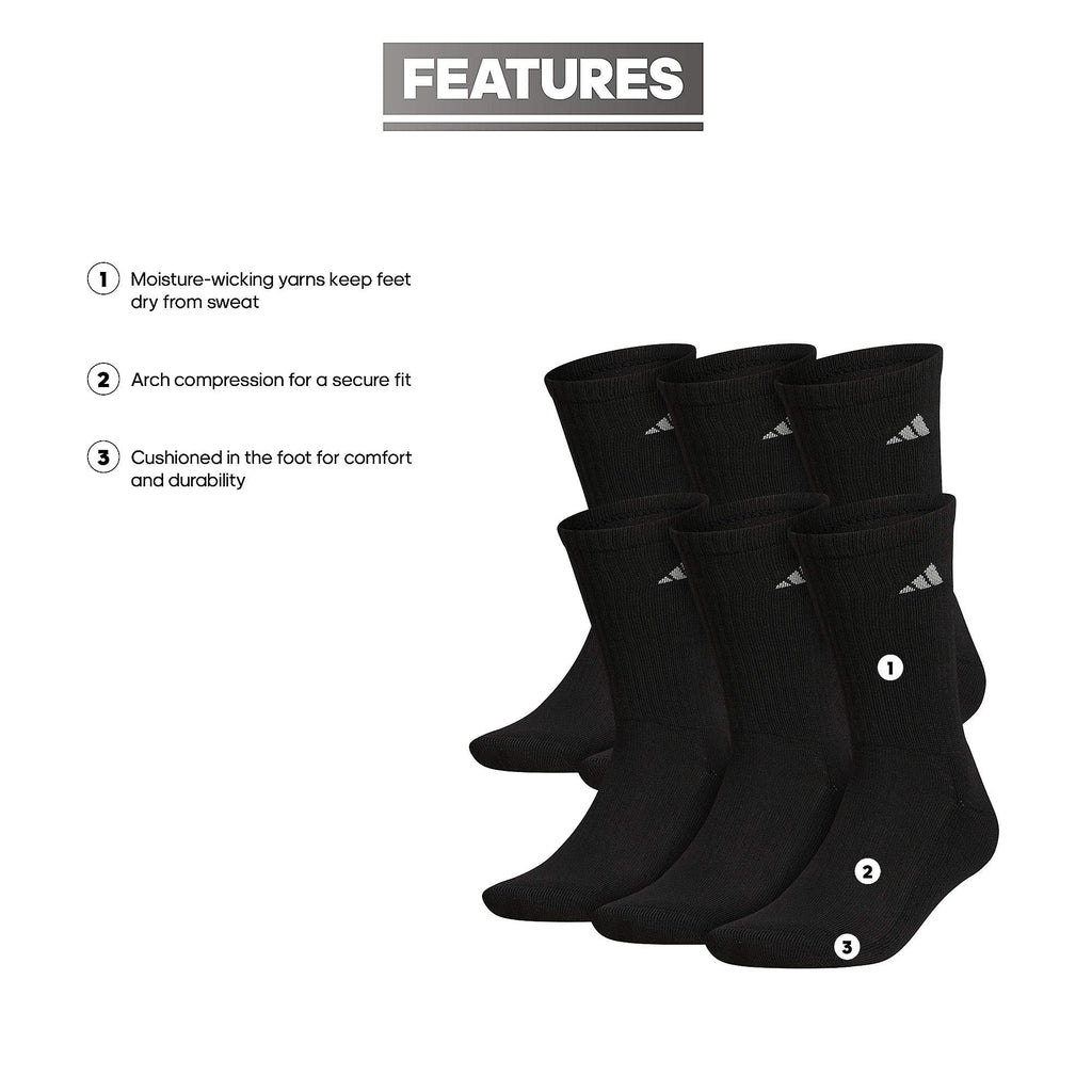 adidas Athletic 6-Pack Crew Socks Black/Aluminum 2 LG (Men's Shoe Size 6-12)