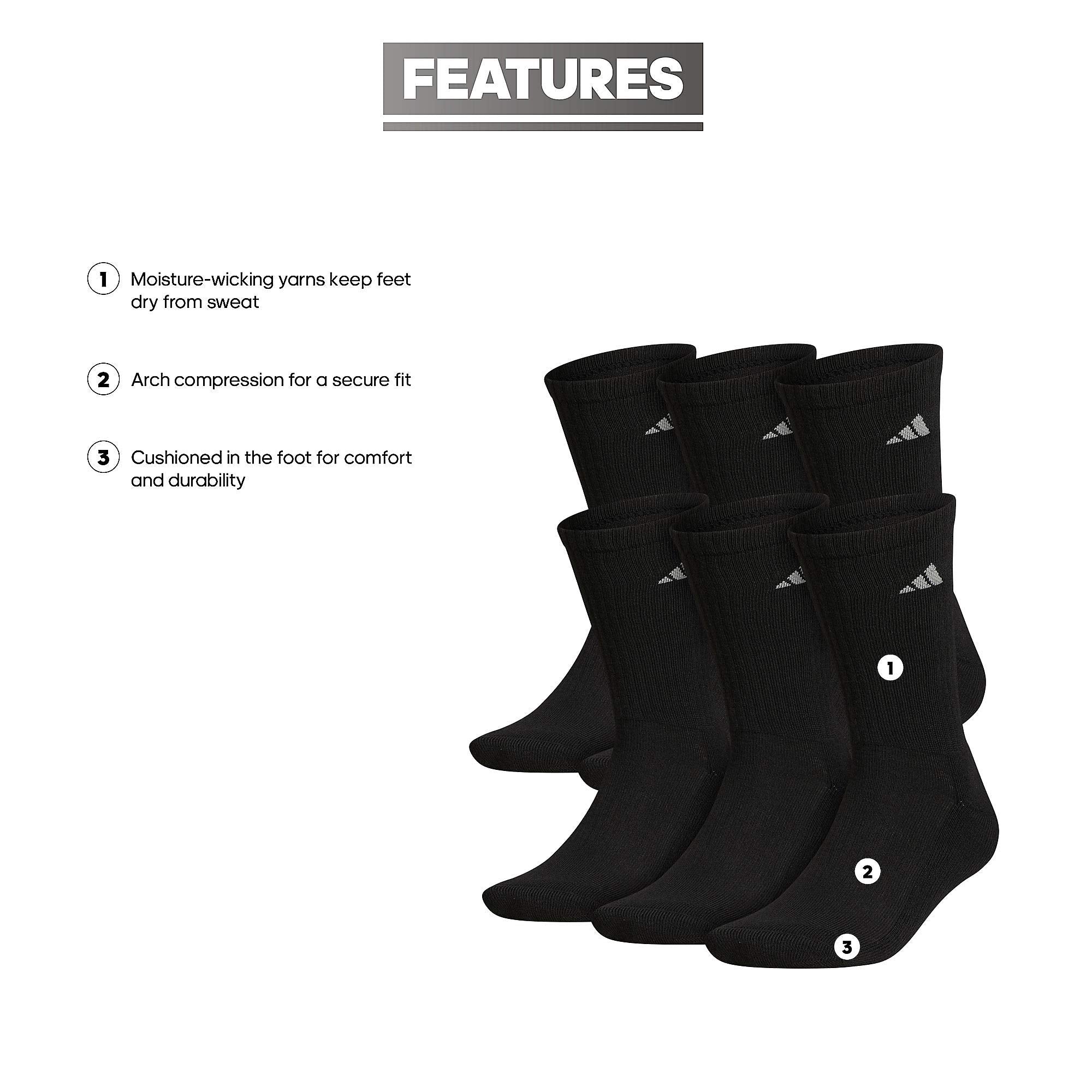 adidas Athletic 6-Pack Crew Socks Black/Aluminum 2 LG (Men's Shoe Size 6-12)