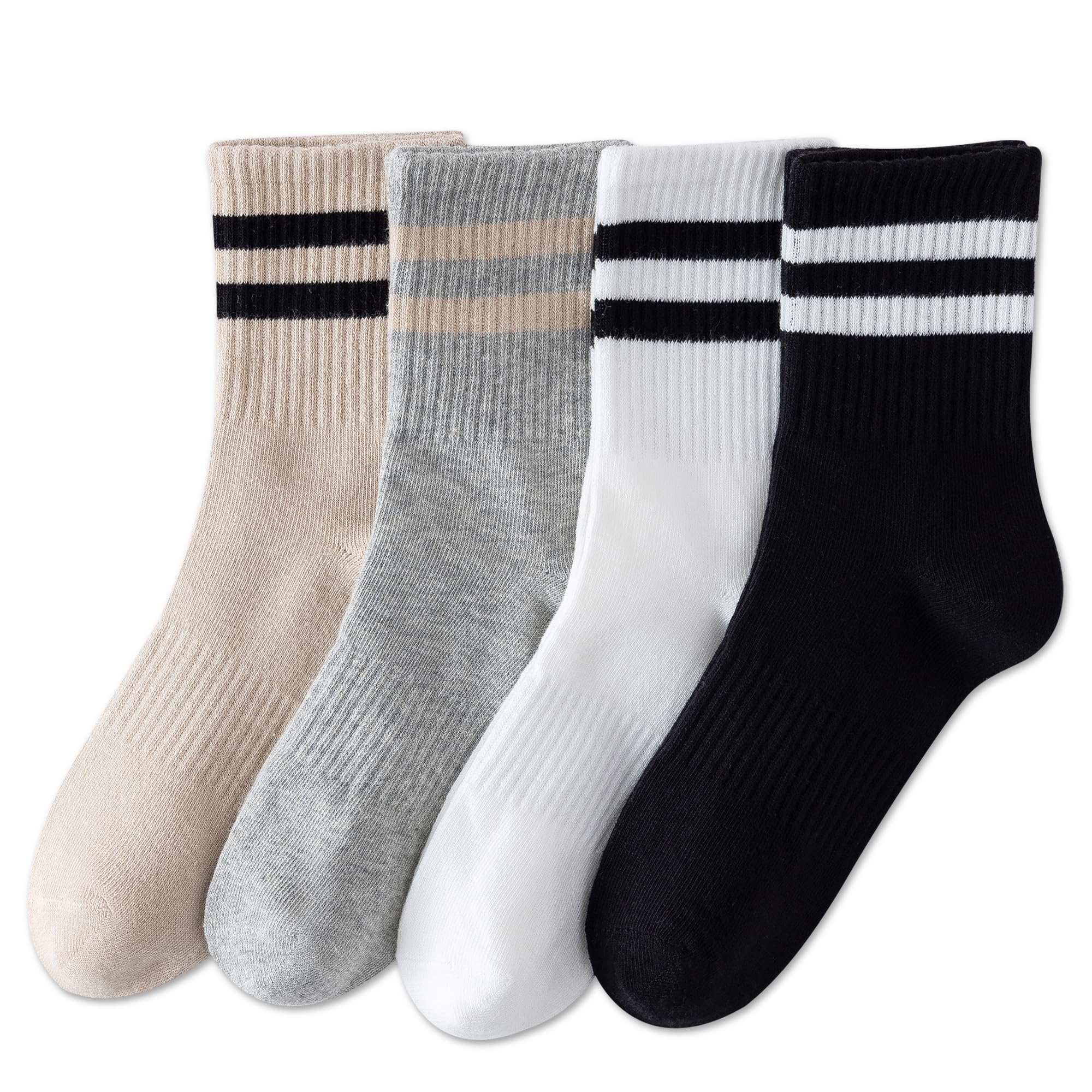 YUWELL Womens Striped Crew Socks, Cotton Cozy Casual Socks for Women 4 Pairs, Size 5-10,Mixcolor